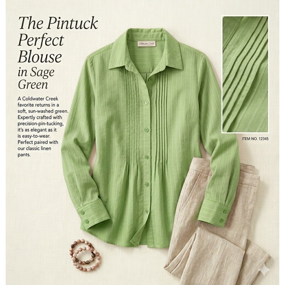 Coldwater Creek Button Up Shirt Womens PM Green Pleated Pintuck Long Sleeve Blou